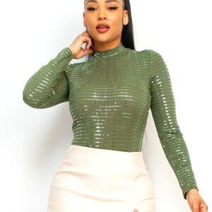 Women Sheer Mesh Studded Bodysuit/ Rhinestones/ Fashion - Green